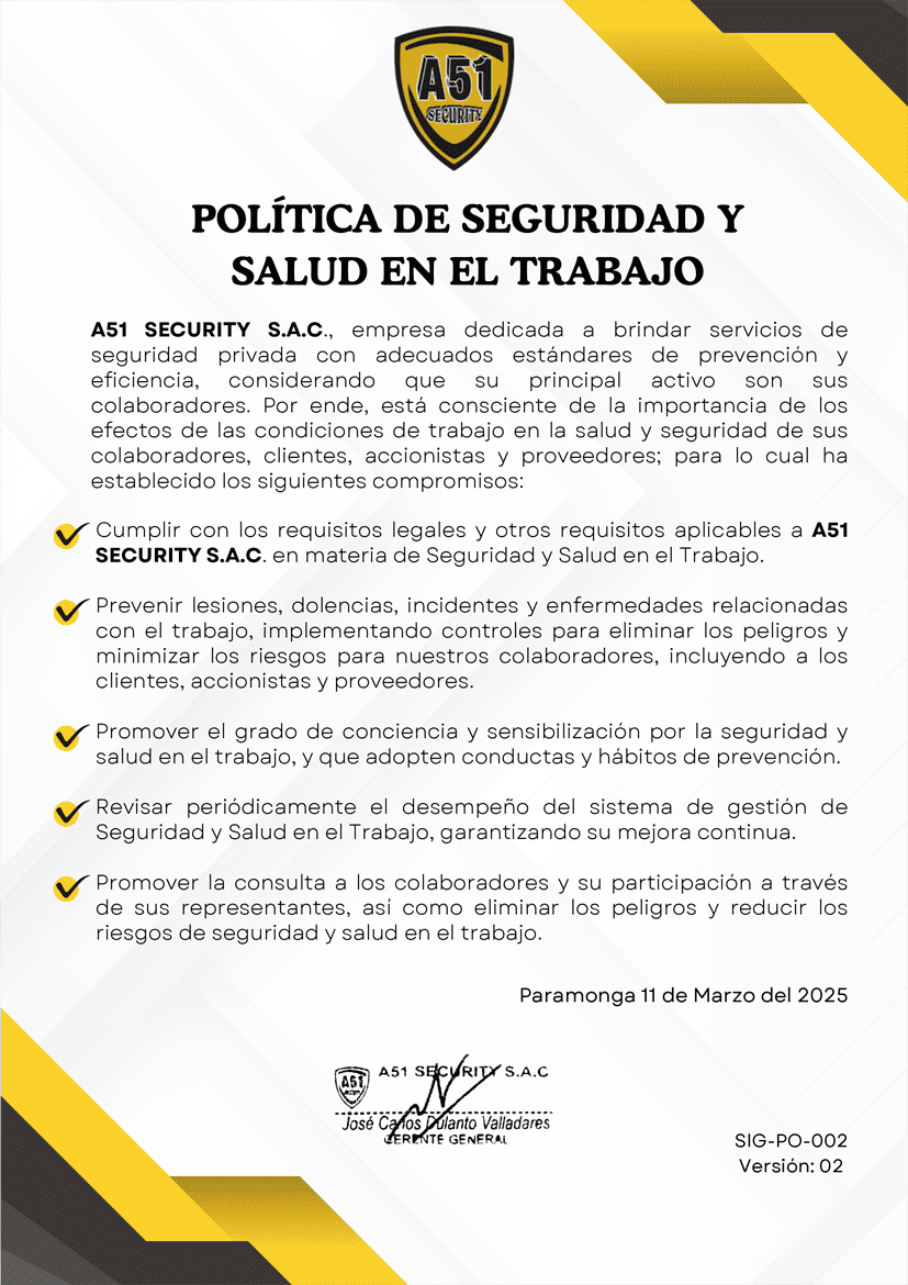 Política de Seguridad y Salud en el Trabajo - A51 Security