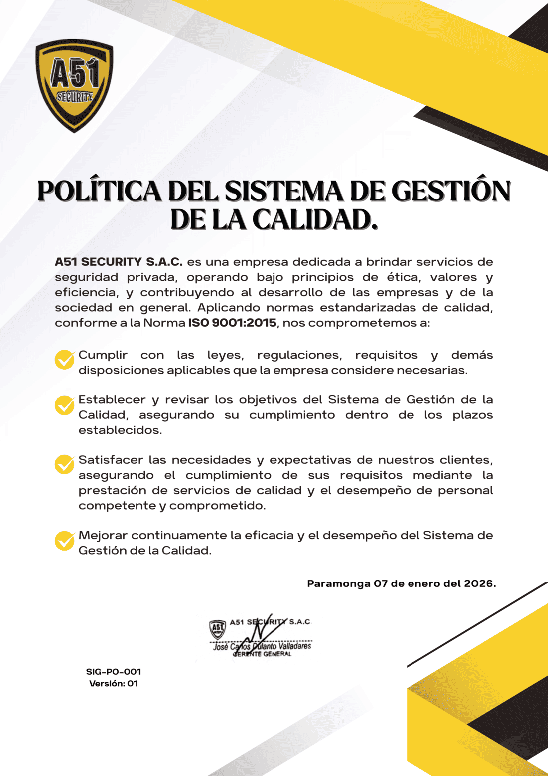 Política del Sistema de Gestión de la Calidad - A51 Security